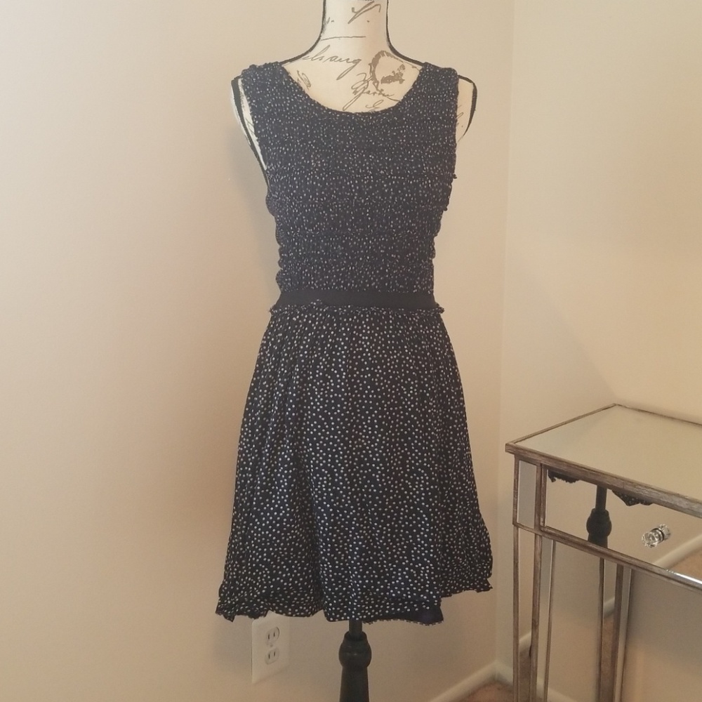 Anthropologie Navy polka dot dress